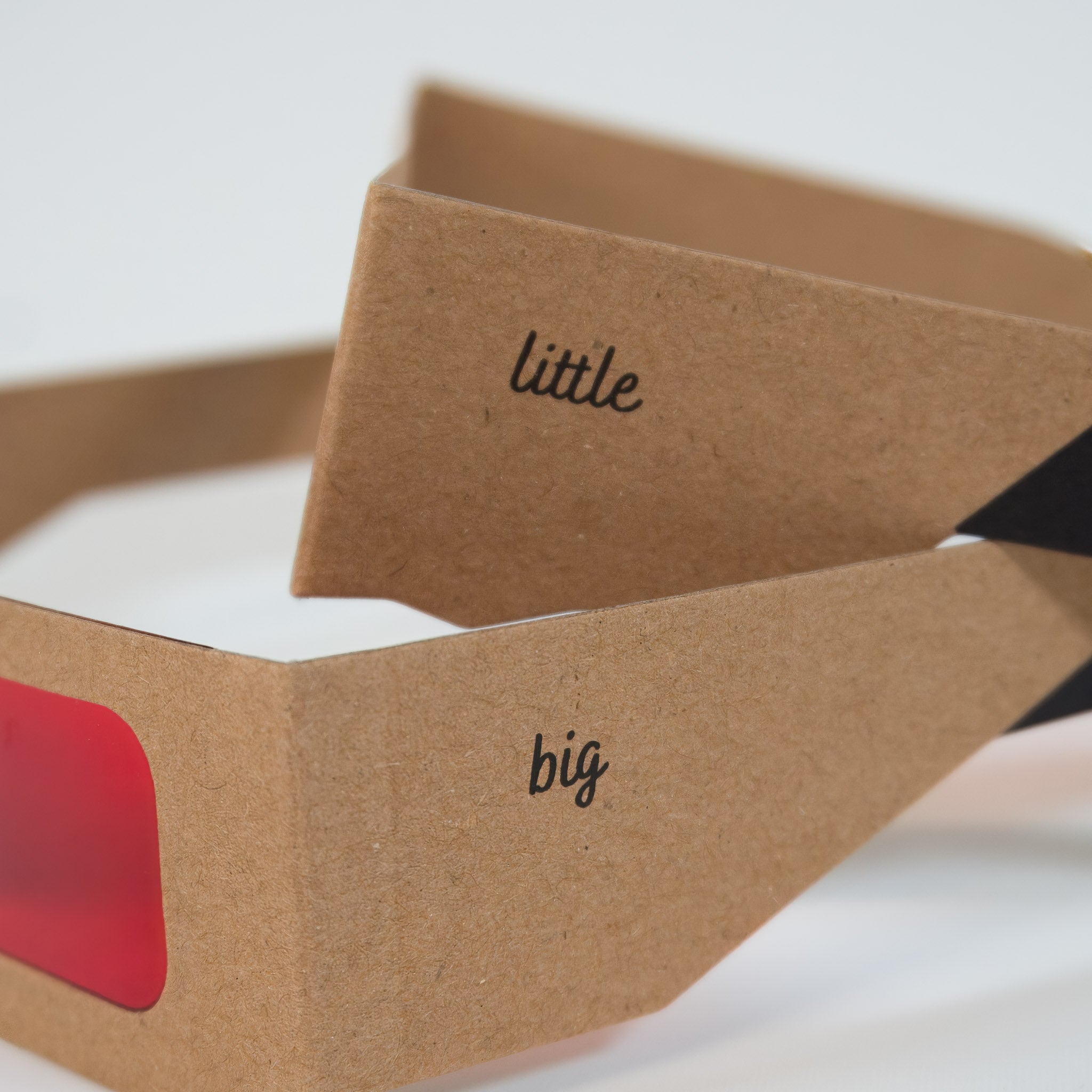 Zoomed in photo of the side of 3D glasses showing "big" and "little" labels for parent and child