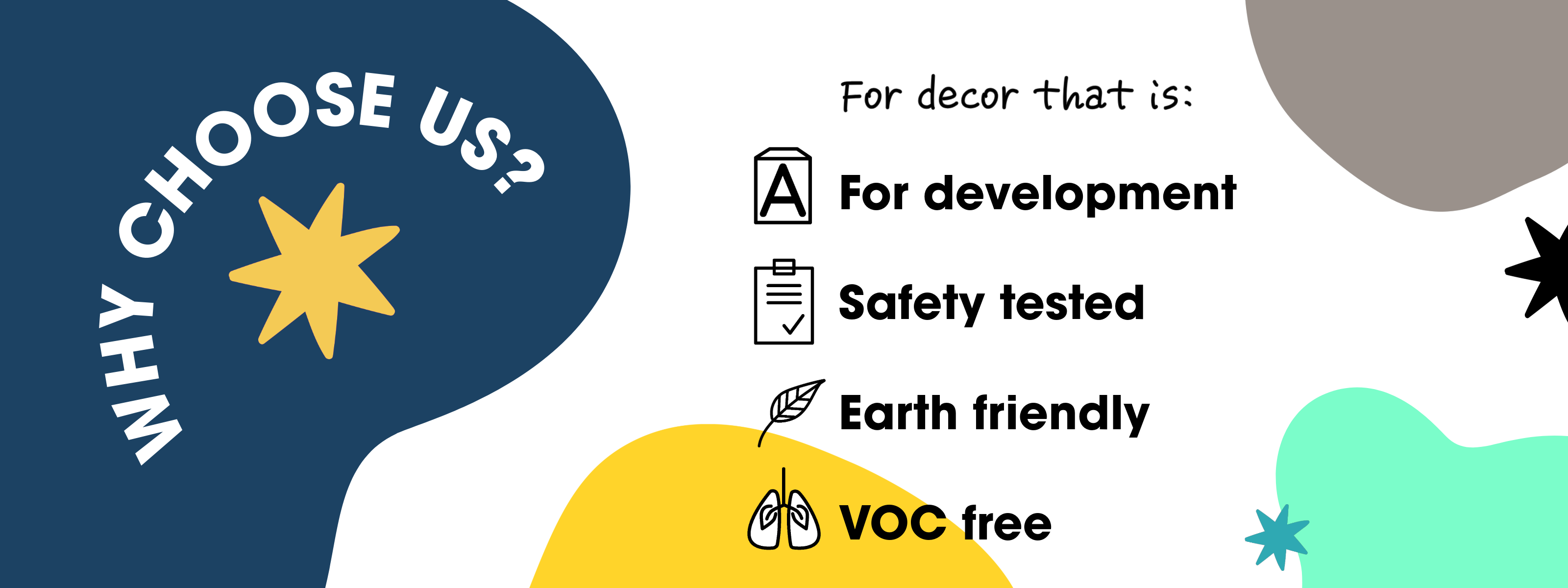 An infographic with a white background and colorful patches as the design. In the middle are 4 icons representing key features of Smartbaby Decor's products, including supporting development, being safety tested, earth friendly and VOC free.