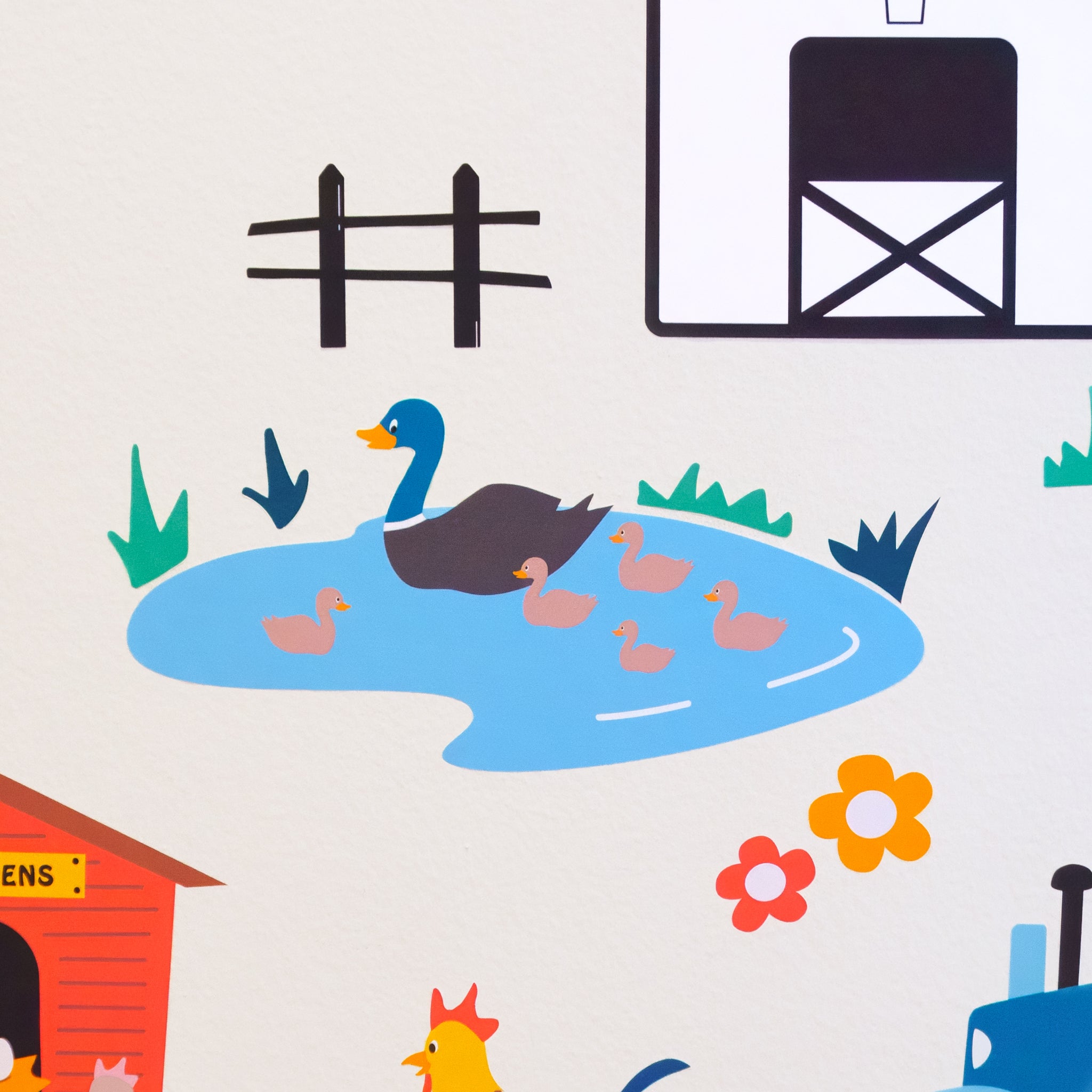 Wall art decal of mother duck and 5 ducklings swimming in a blue pond with some grass and flowers around. 