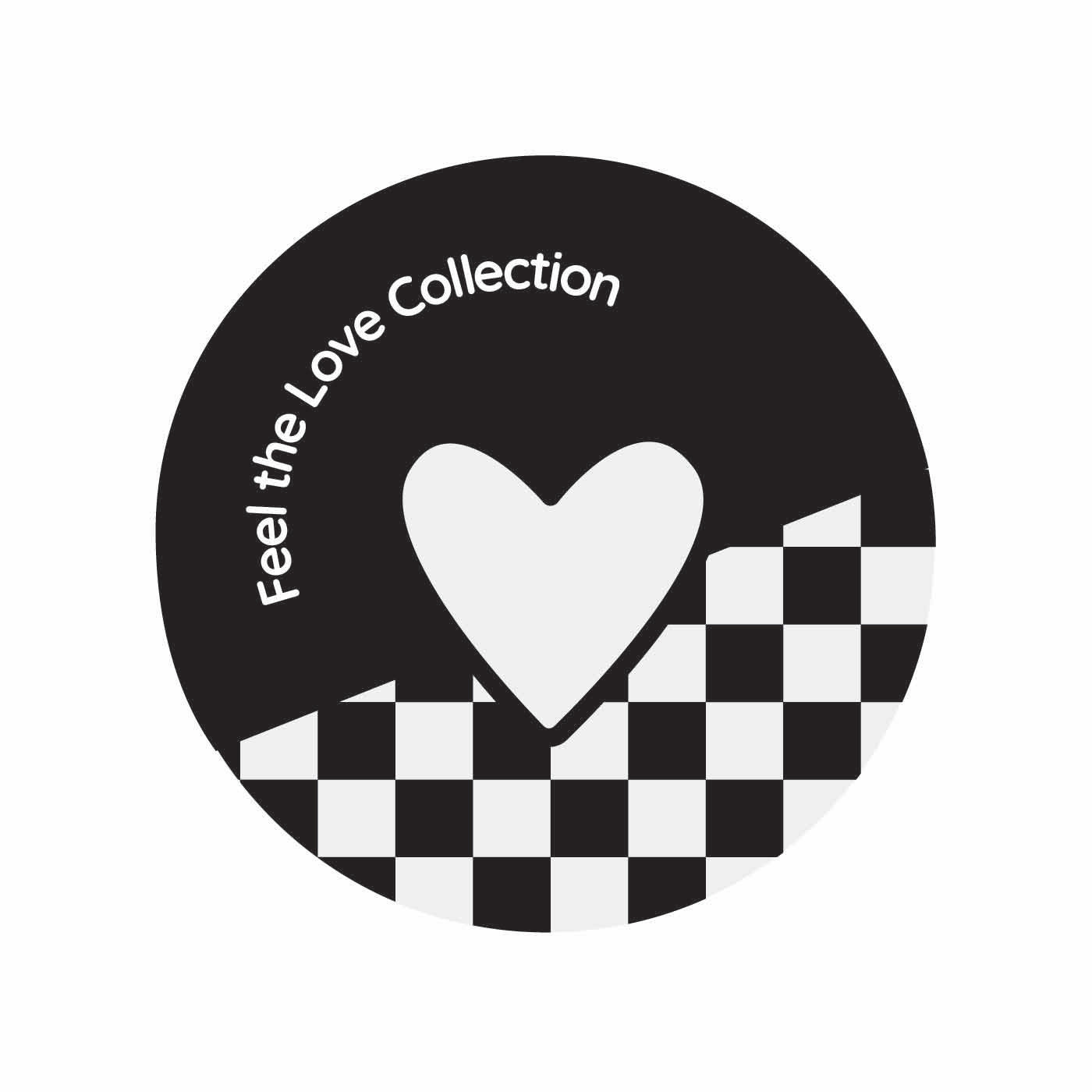 A circular logo for the "Feel the Love" collection which is black with a white heart in the middle, and a checkered pattern at the bottom.