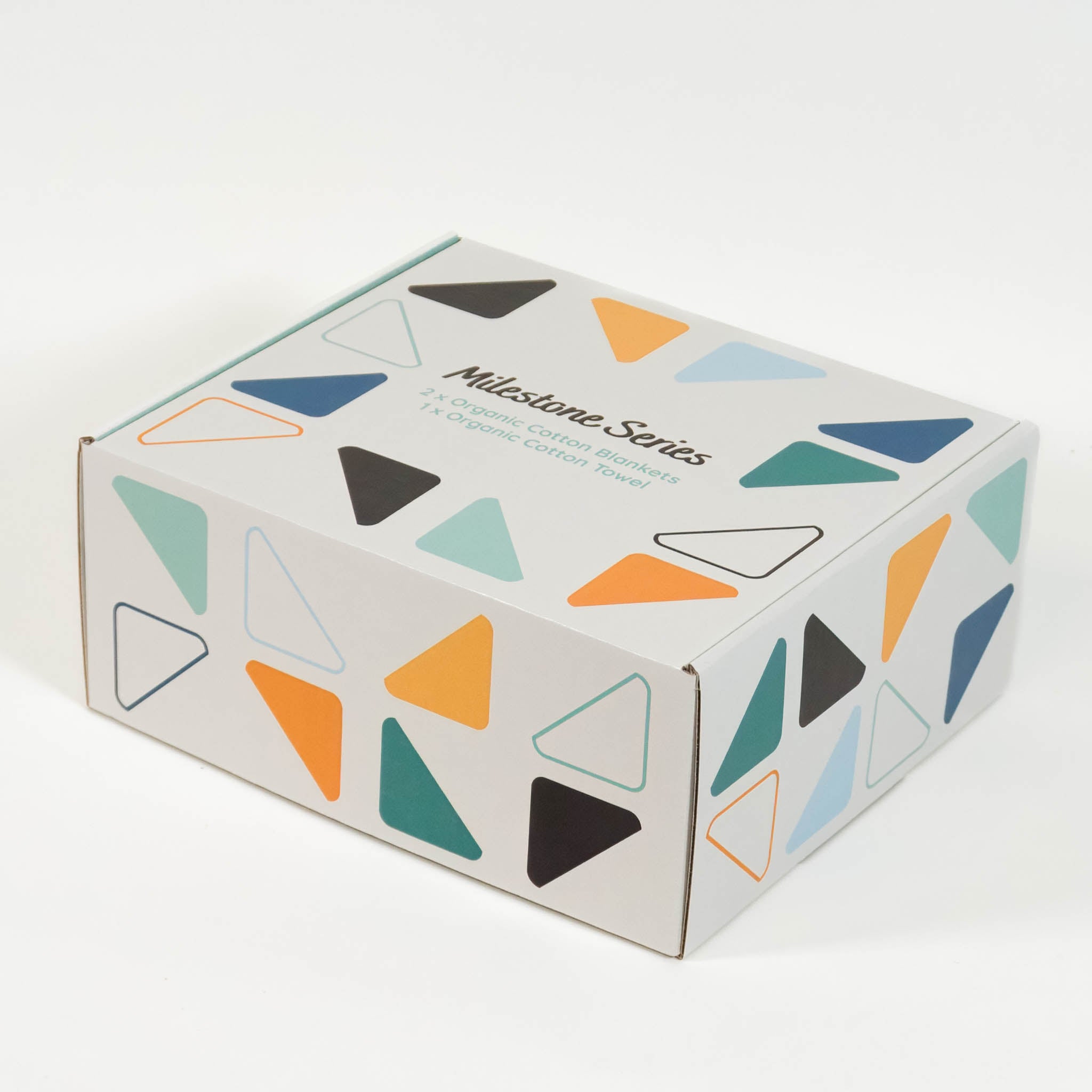 A box with a multicolored triangle pattern all over which reads "milestone series".