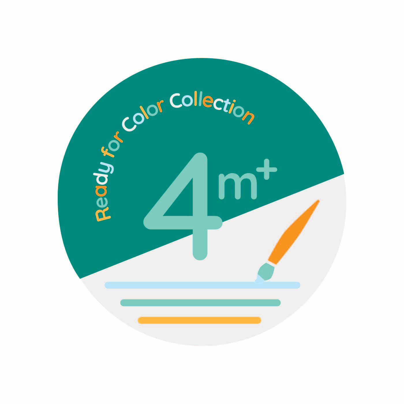 A circular logo for Smartbaby Decor's Ready for Color collection which is green at the top, beige at the bottom with an icon of paintbrush. In the middle is the age "4m+".