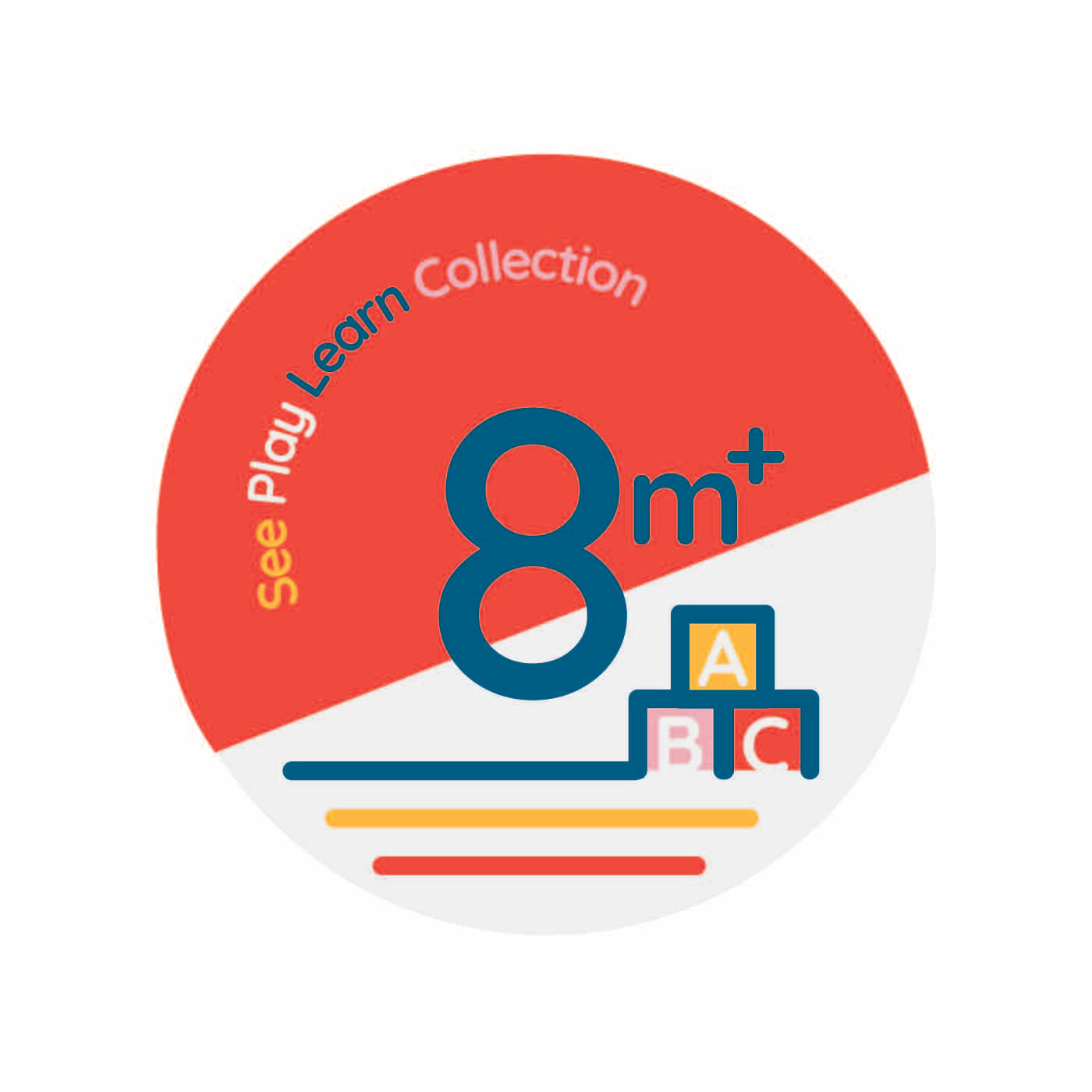 A circular logo for Smartbaby Decor's See Play Learn collection which is red at the top, beige at the bottom with an icon of building blocks. In the middle is the age "8m+".