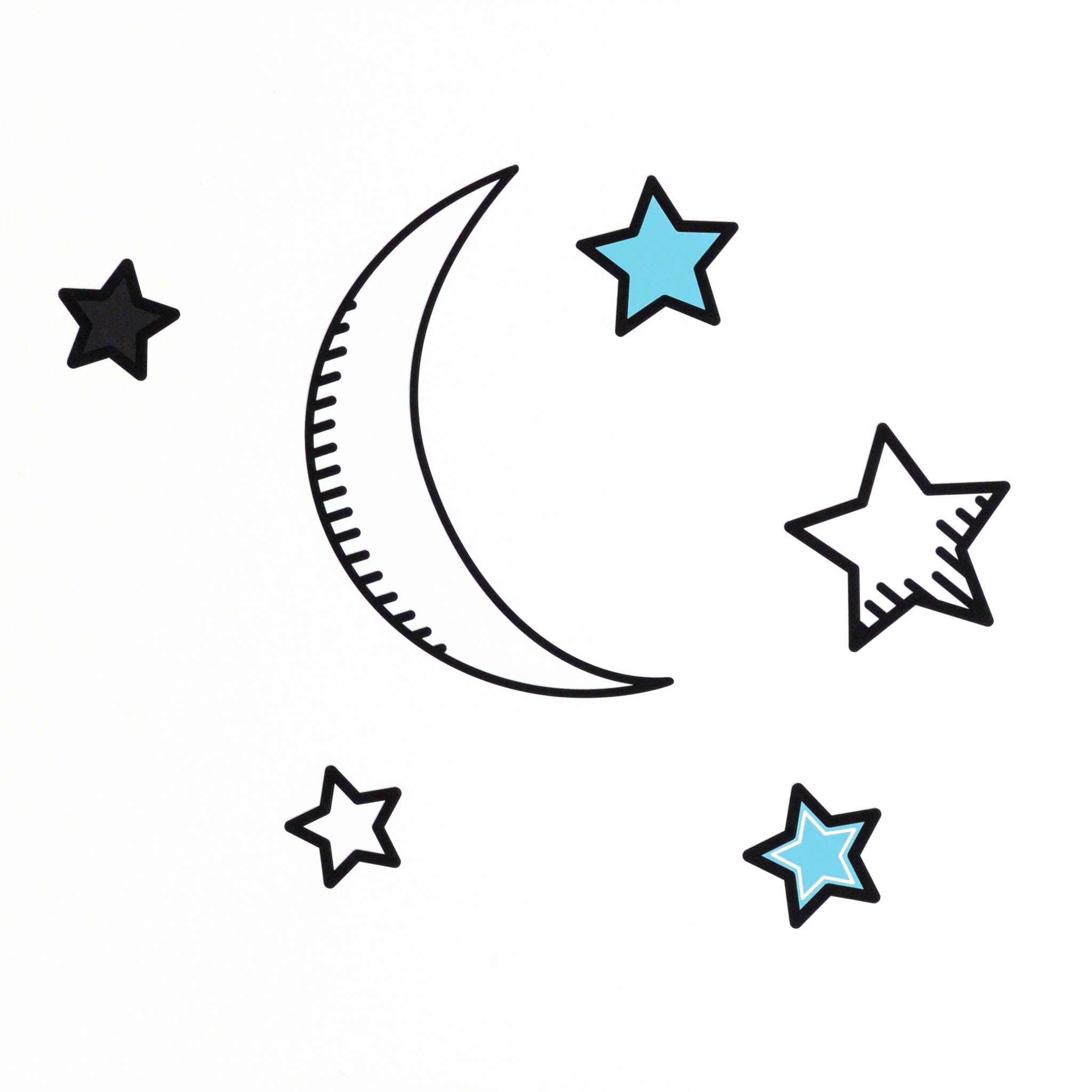 Moon and stars wall art decals in black, white and light blue.