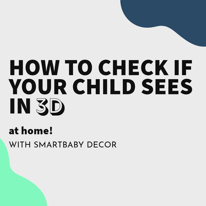 A short video showing a toddler viewing Smartbaby Decor's 3D wall art and noticing the 3D effect. She is wearing 3D glasses and laughing as she tries to touch the shapes that are in 3D. 